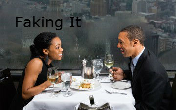 faking it, valentines day couple, romantic dinner