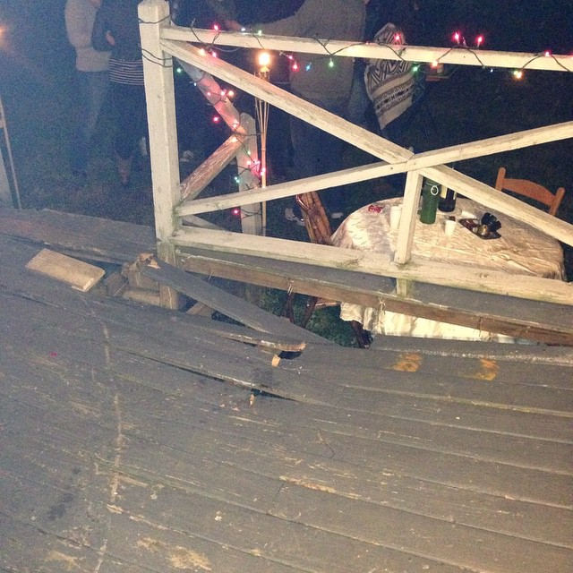 collapsed deck, deck caved in, structural damage, backyard party