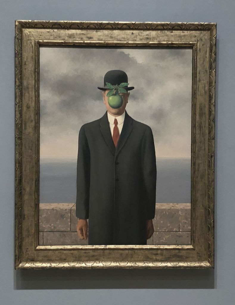 magritte famous painting, apple face painting, bowler hat painting